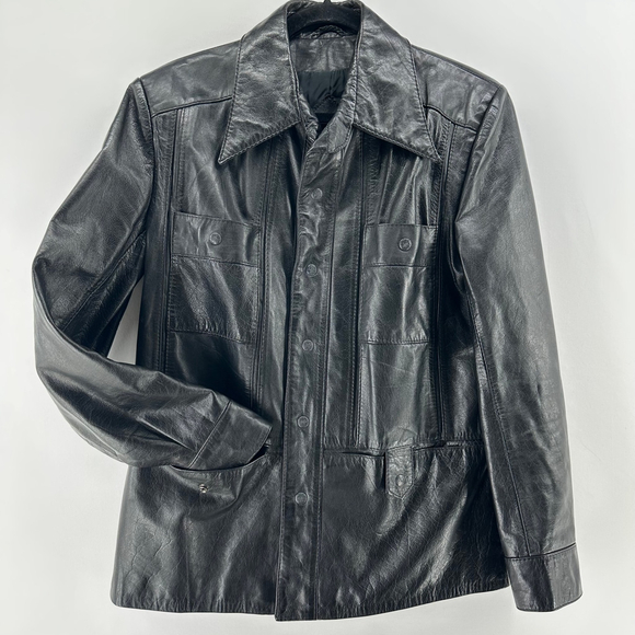 Men's M 38 Black Vintage ROYAL KNIGHT Leather Jacket 70's DISCO HIPPIE Lapels